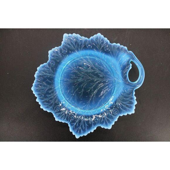 vintage Fenton Art Opalescent Glass Blue Plate 8" Leaf - Picture 3 of 6